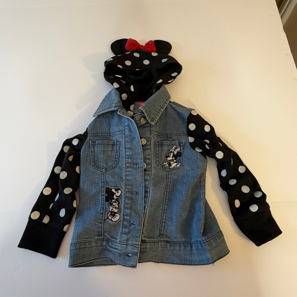 Disney Minnie Mouse Girls Denim Jacket Polka Dot Hoodie Ears 3T Blue Black